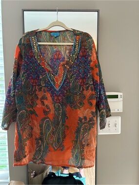 Aqua Blu Orange Paisley Beaded V-Neck Tunic Size 3X